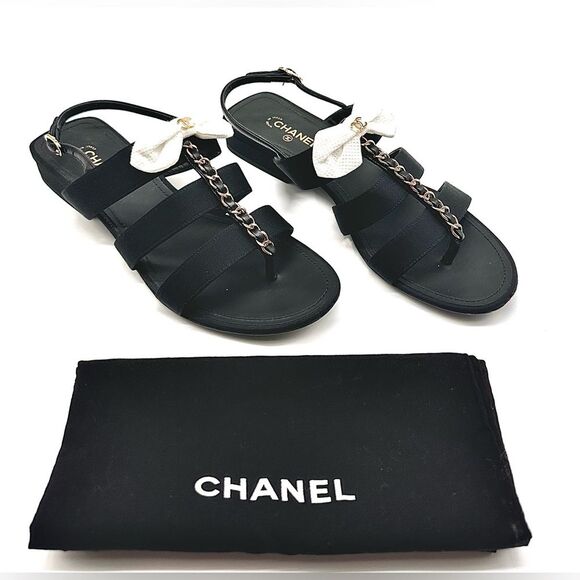 Chanel Interlocking CC Logo Grosgrain Chain Bow Black Sandals EU 37.5 US 6.5-7 - Picture 1 of 13
